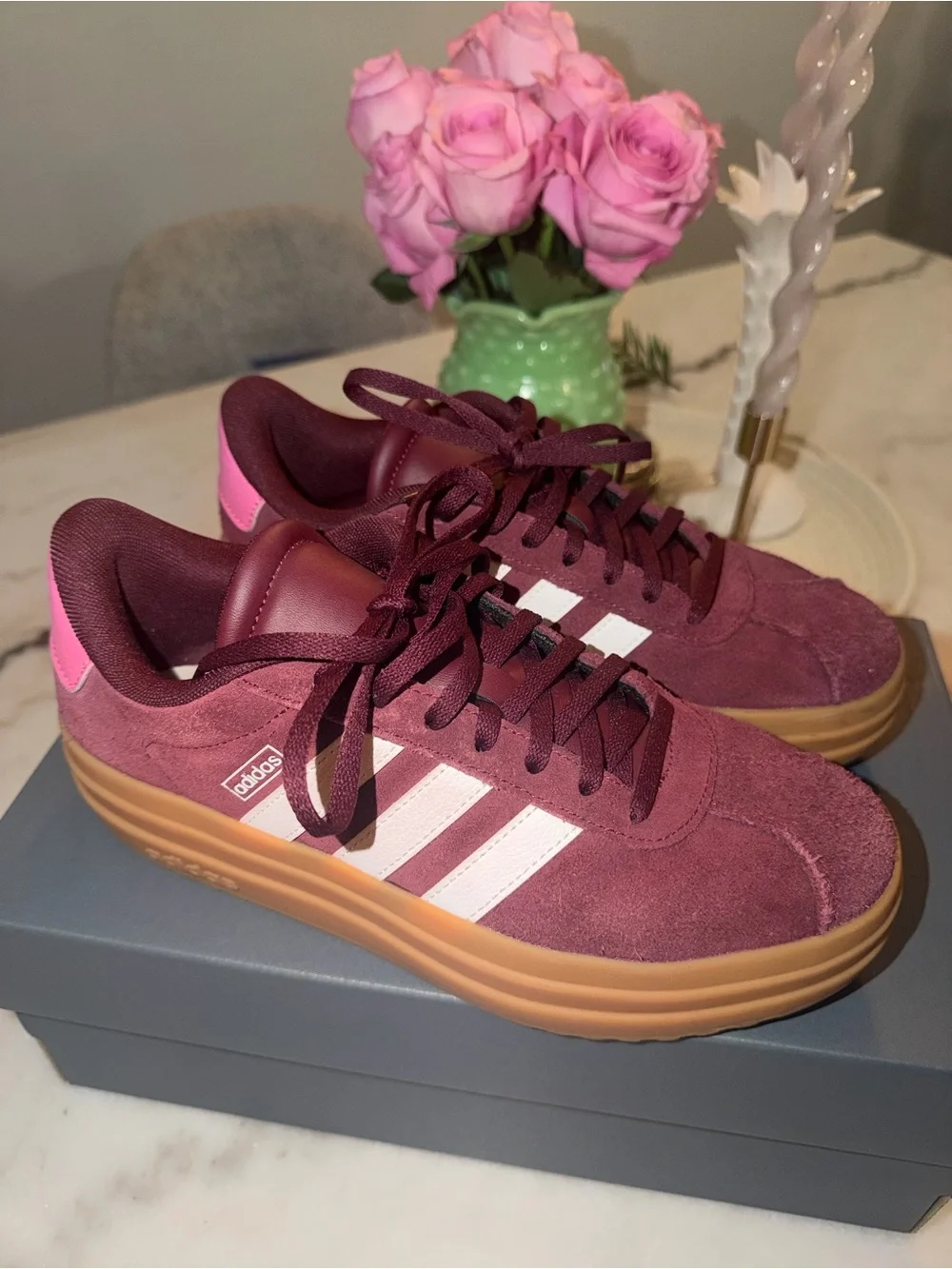 adidas court Women’s Burgundy Suede Platform Sneaker with Pink Heel